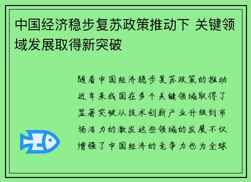 中国经济稳步复苏政策推动下 关键领域发展取得新突破